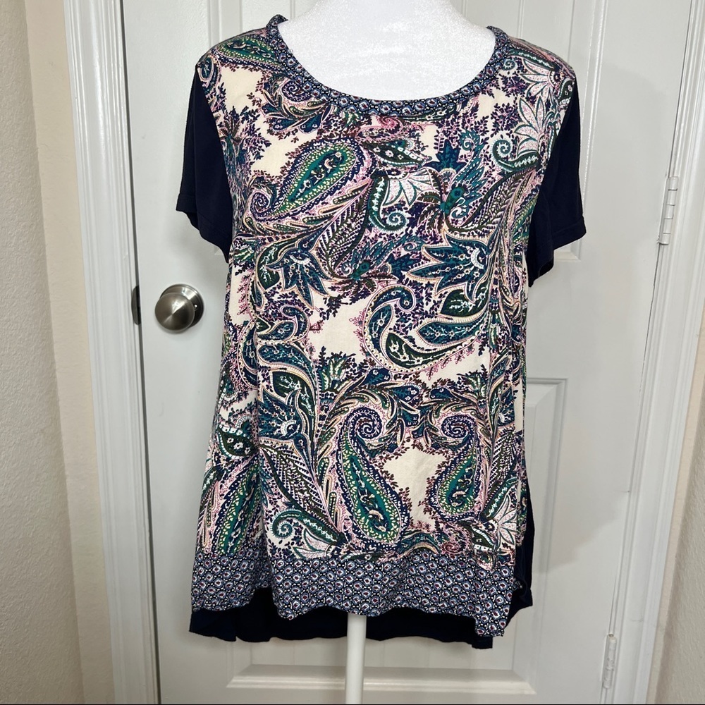 Umgee boho style mixed-media paisley print blue tunic, small